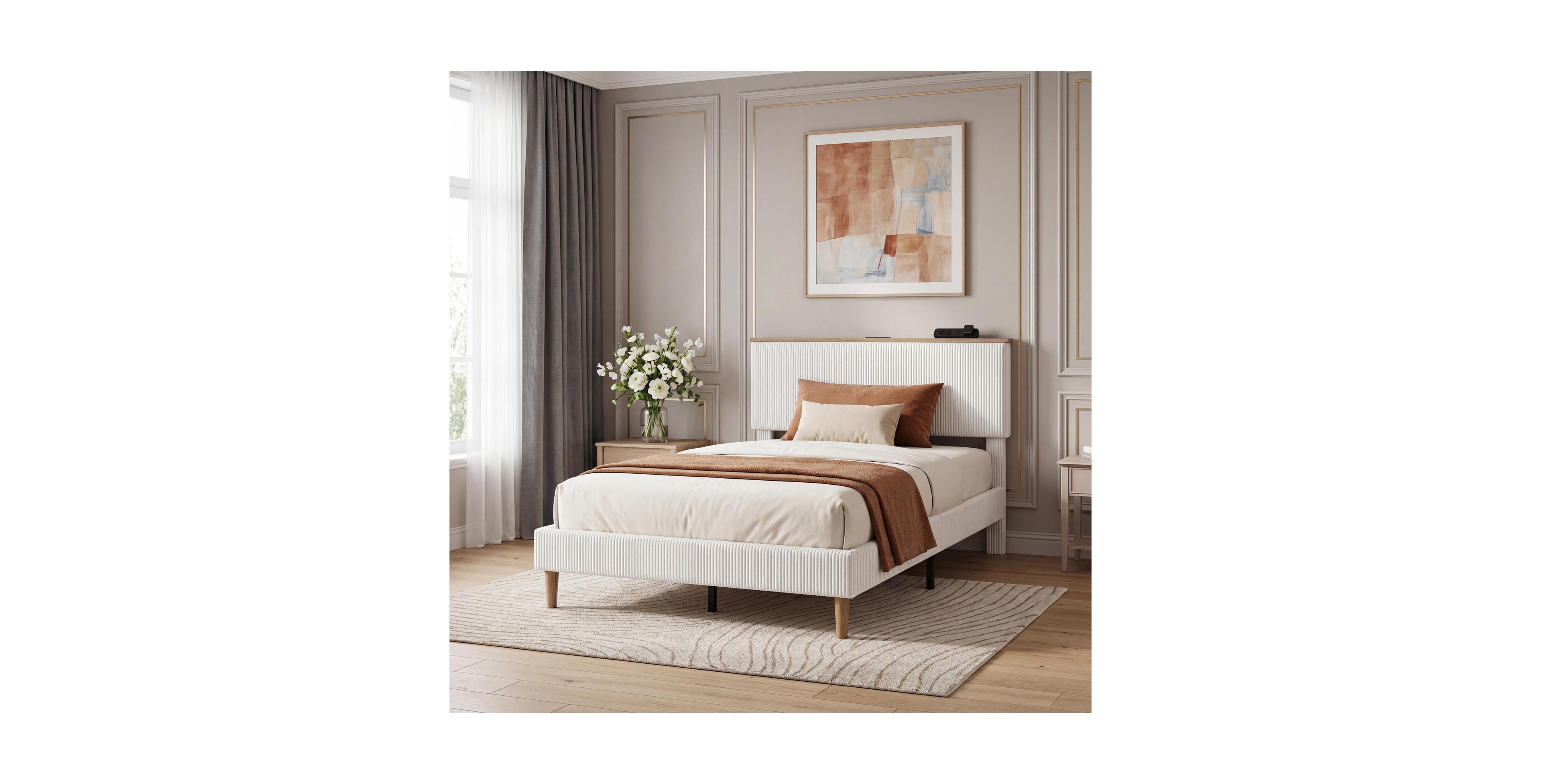 gaomon Twin Bed Frame – Upholstered Platform with Corduroy Storage Headboard, Charging Station and Led Lights, No Box Spring