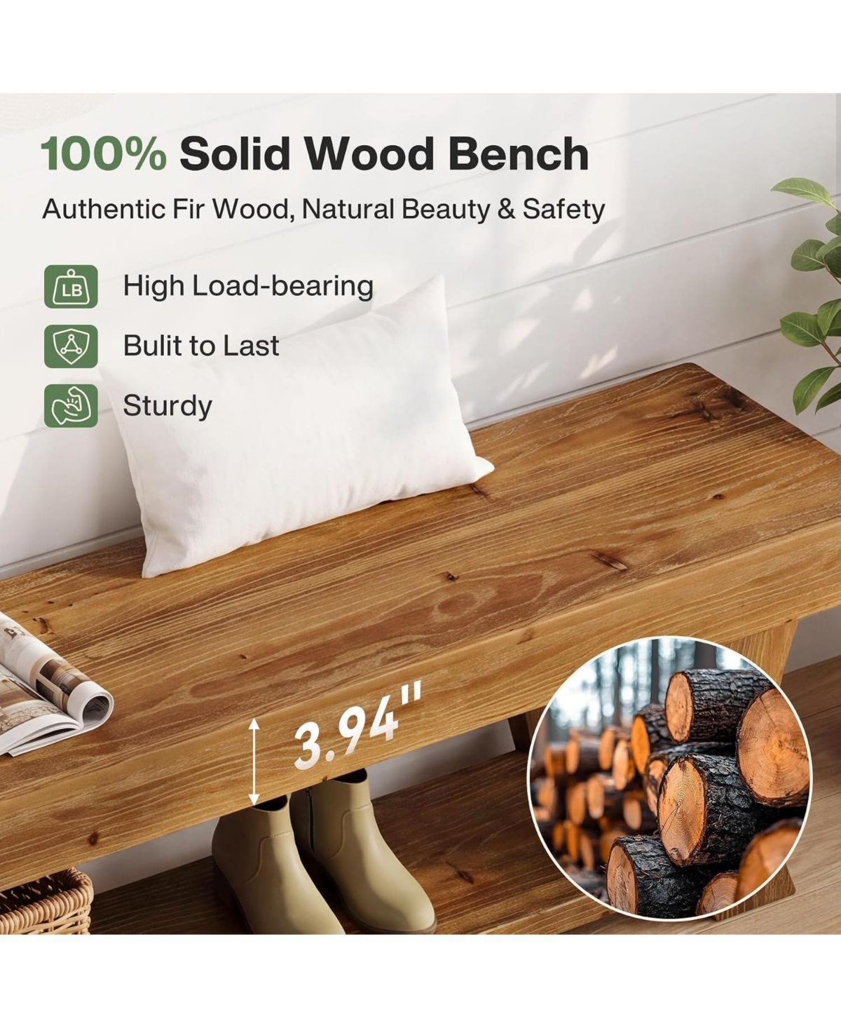 Tribesigns Solid Wood Bench, 63" Long Farmhouse Entryway Bench with Storage, Rustic Narrow Shoe Storage Bench Seat