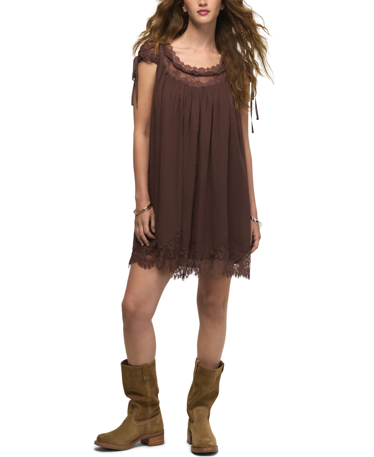 Женское платье Lucky Brand Lace Babydoll Mini, цвет: Кофейный — фото 2