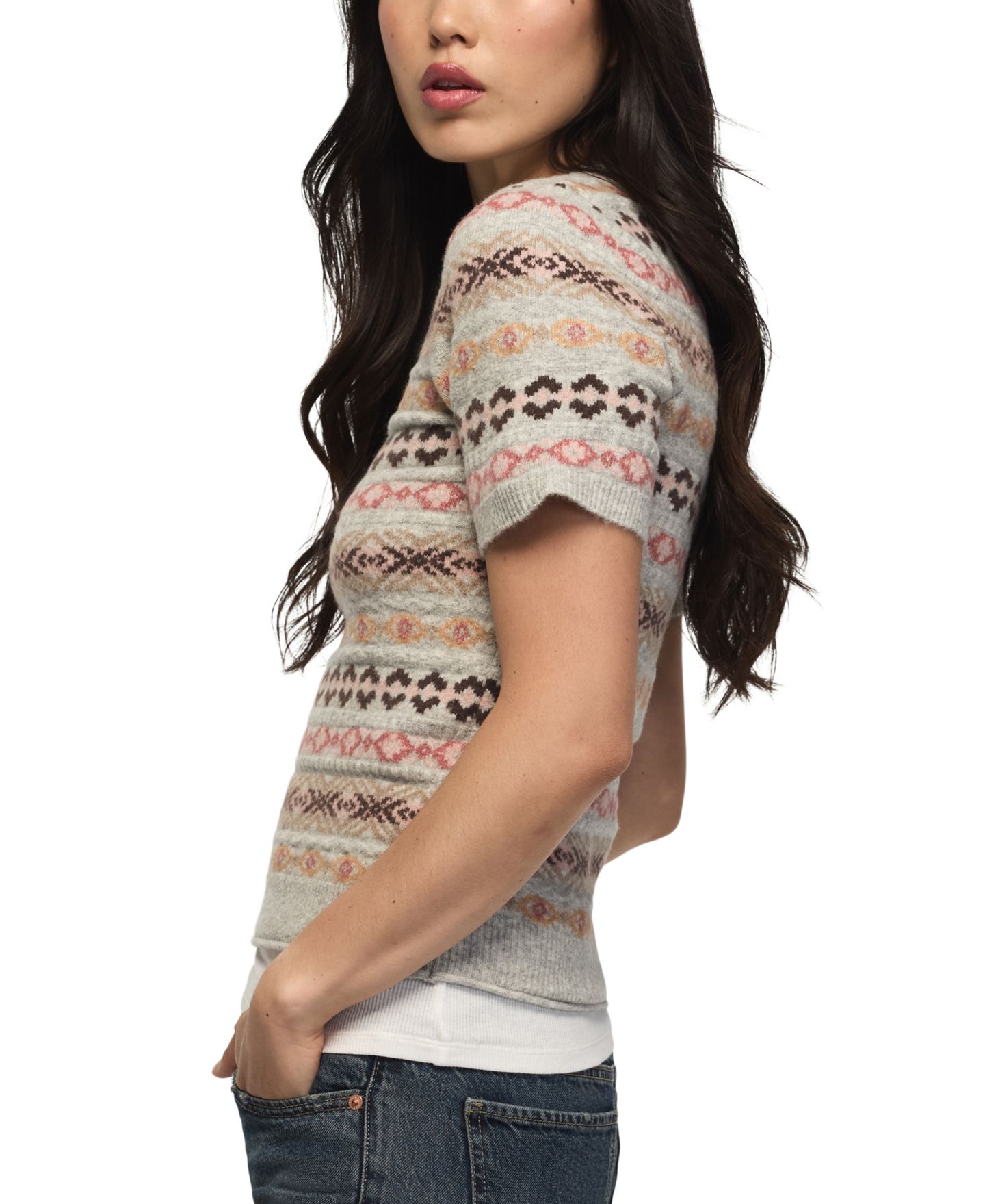 Женский свитер Lucky Brand Fair Isle Crewneck Short-Sleeve, цвет: Светлый меланжевый серый — фото 2