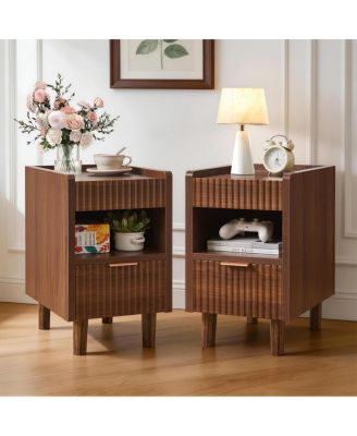 Fluted Wood Nightstands with Drawer, 2 Pack Modern Bedside Tables