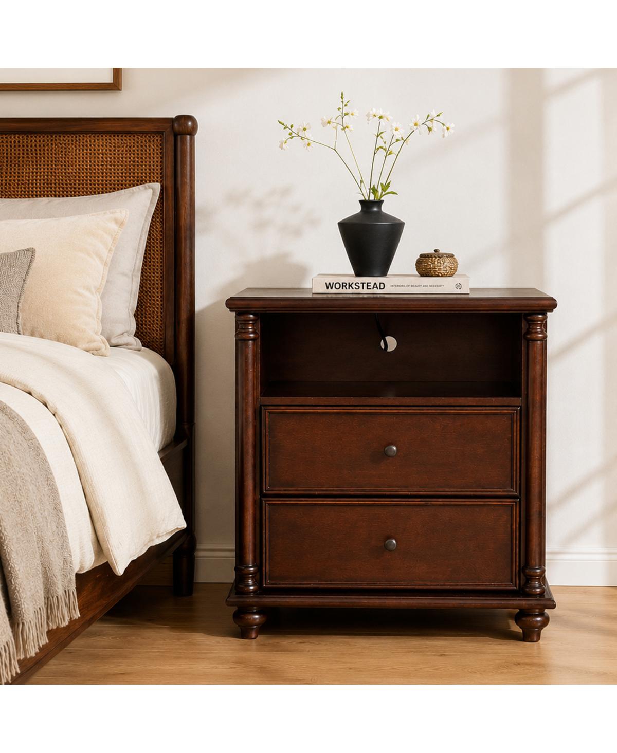 Streamdale Furniture Rustic Nightstand with Charging Station and 2 Drawers