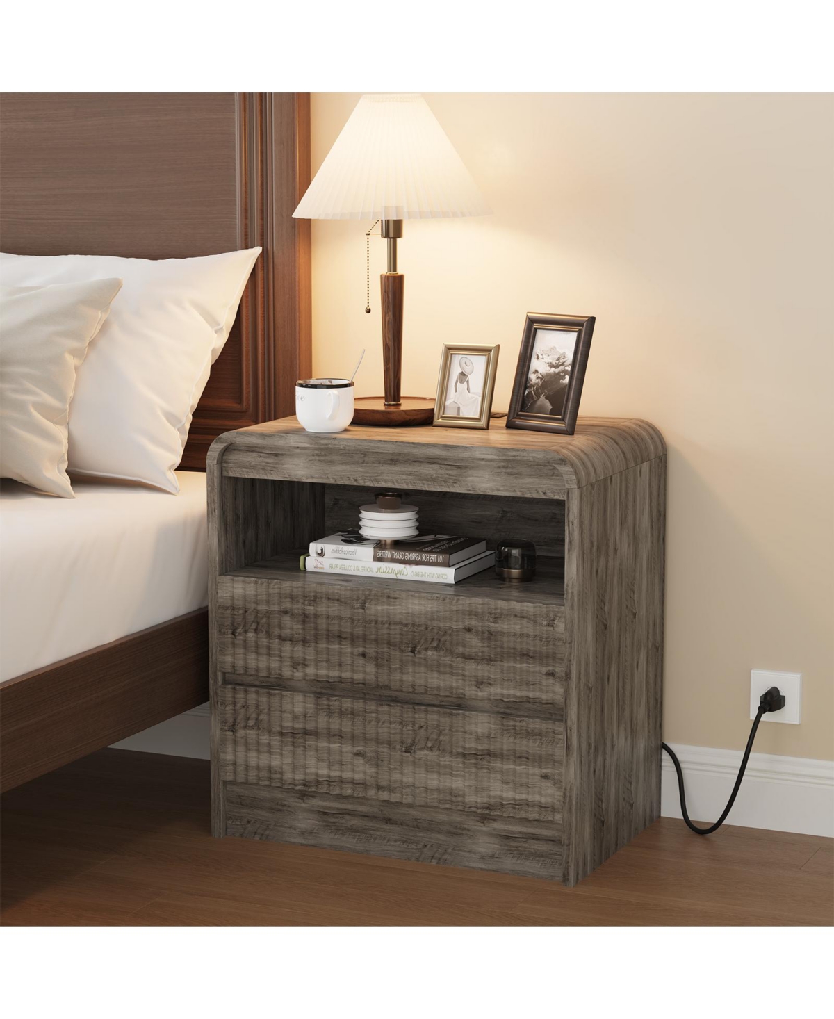 homfan 23.6-Inch Fluted Nightstand with Charging Station and 2 Drawers