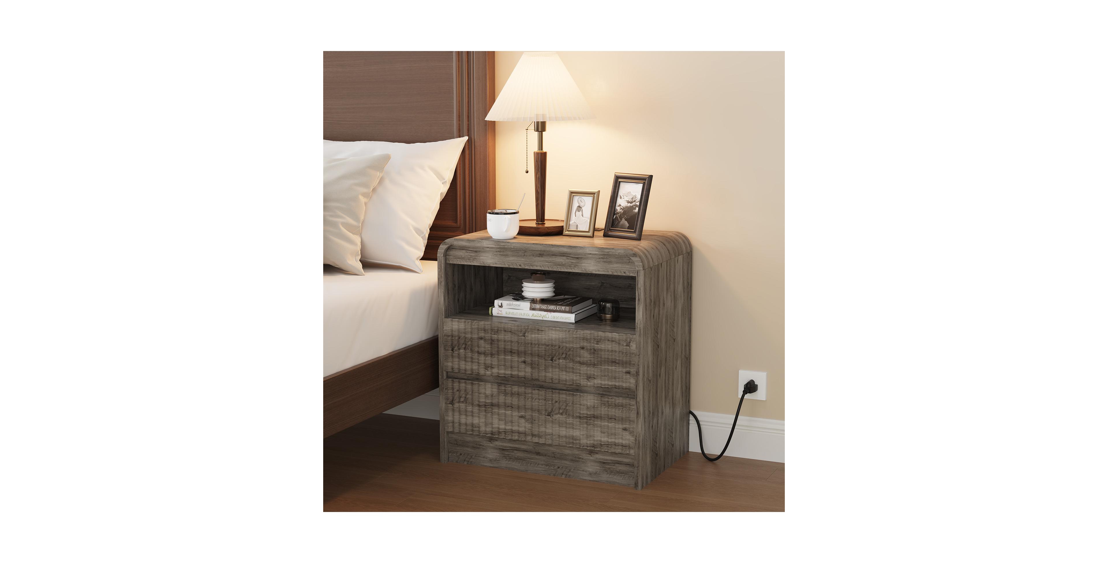 homfan 23.6-Inch Fluted Nightstand with Charging Station and 2 Drawers