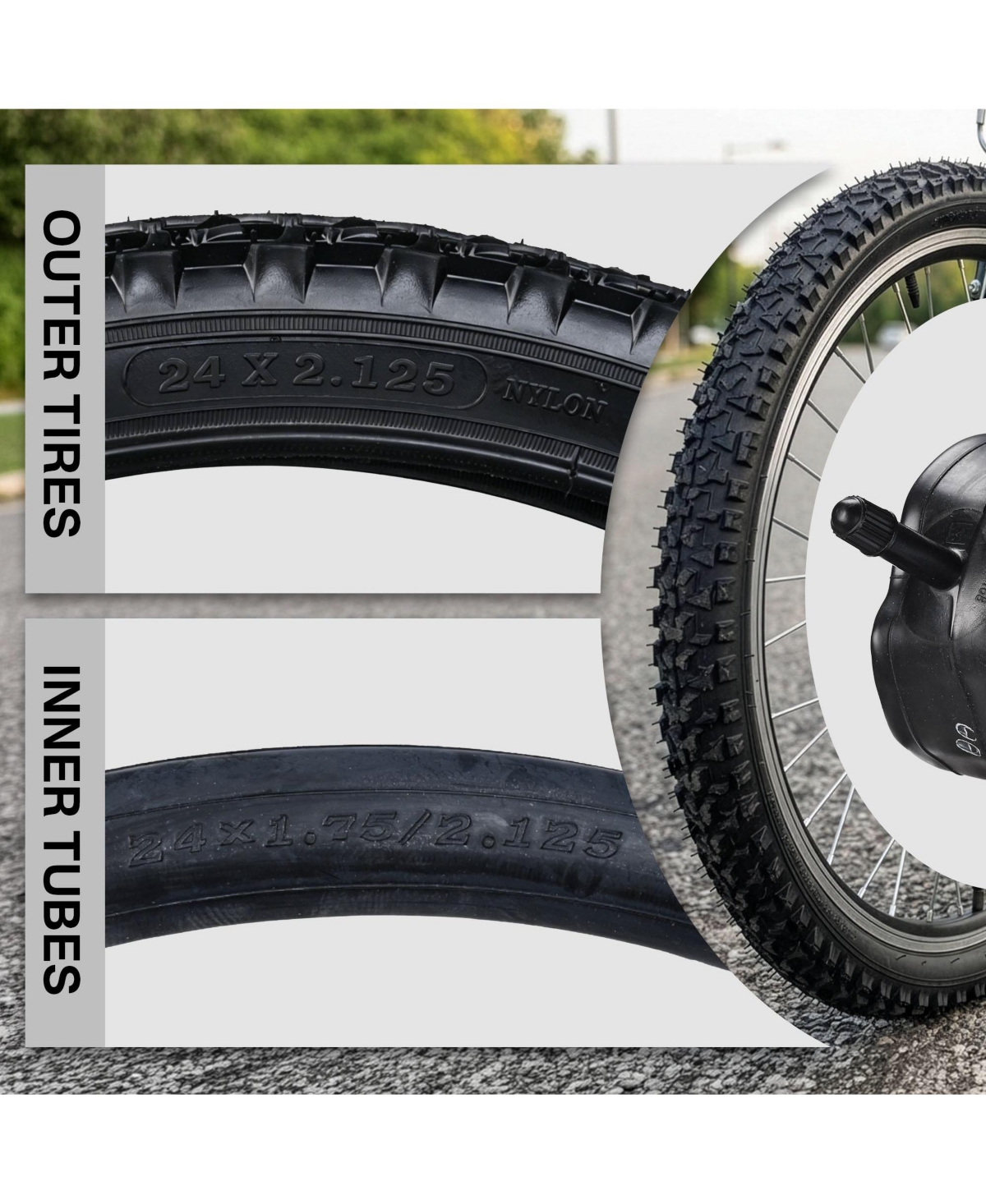Yescom 24" x 2.125" Tricycle and Unicycle Heavy-Duty Mountain Tread Tire and Tube Set, 3-Piece
