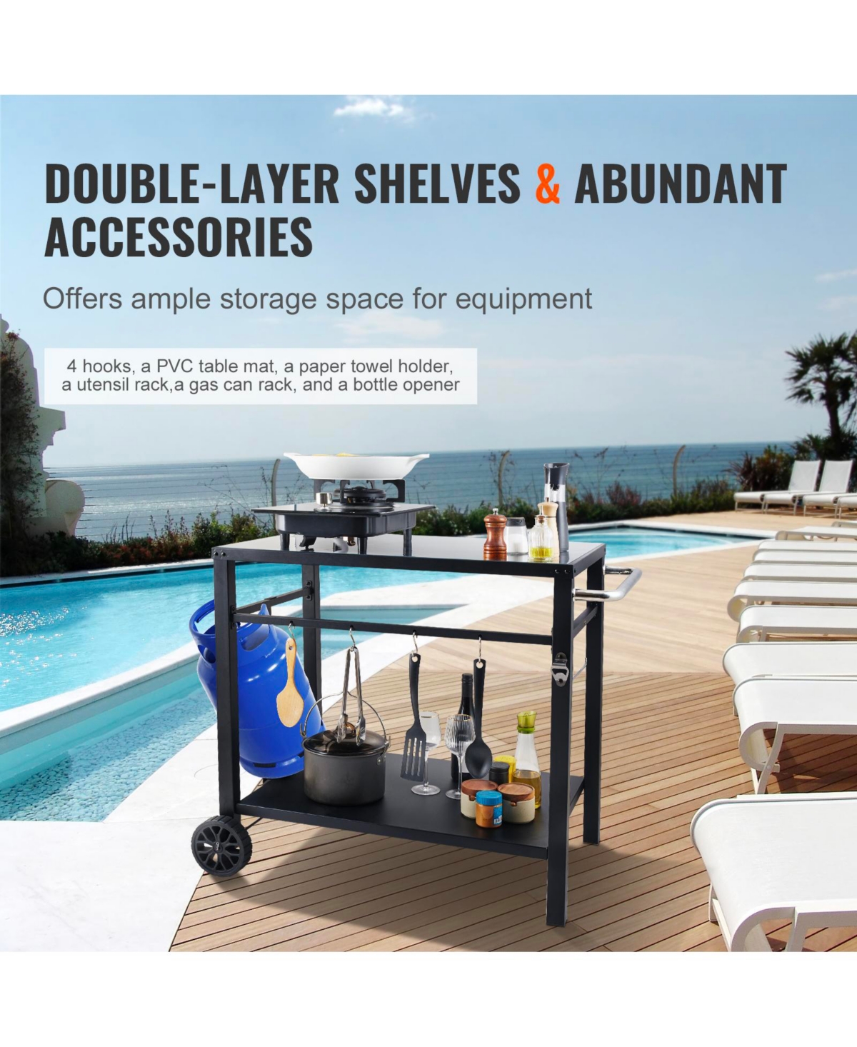 Vevor Outdoor Grill Dining Cart Double-Shelf Bbq Movable Food Prep Trolley Patio