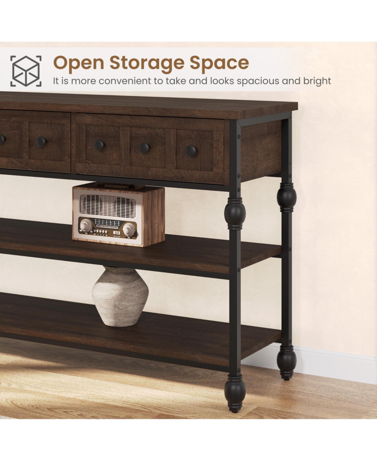 gaomon 52" Console Table with 3 Drawers, Roman Column Entryway Table, Narrow Sofa Table Behind Couch, Industrial Hallway Table with Storage Shelf