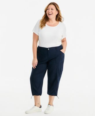 Plus Size Linen-Blend Cargo Bungee Capris