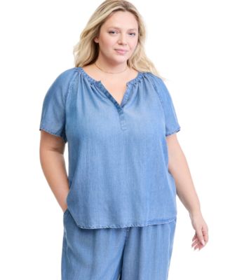 Plus Size Y-Neck Short Raglan Sleeve Blouse