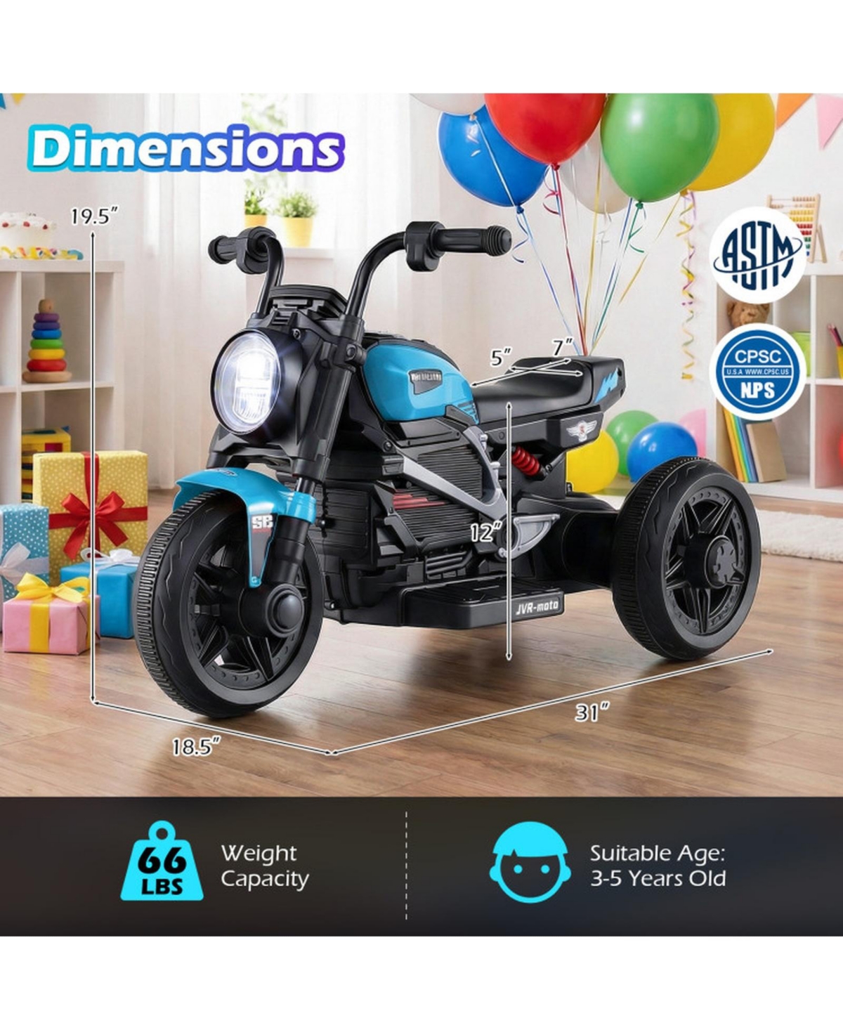 Hongge 6V Kids Electric Ride-On Motorcycle with Led Headlight, Music and Three-Wheel Design, Supports up to 66 lbs, Ages 3-5
