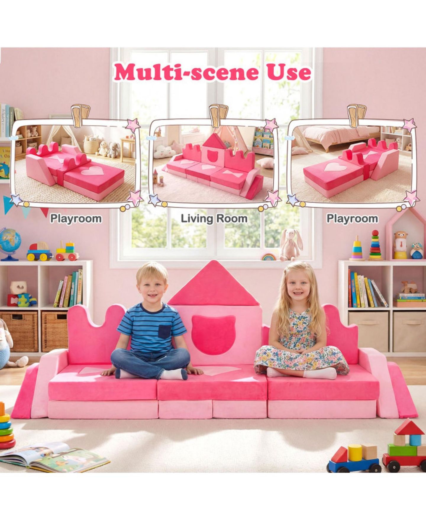 Детские игрушки HONGGE 14-Piece Modular Kids Play Couch with Washable Covers, цвет: Пудровый розовый — фото 8