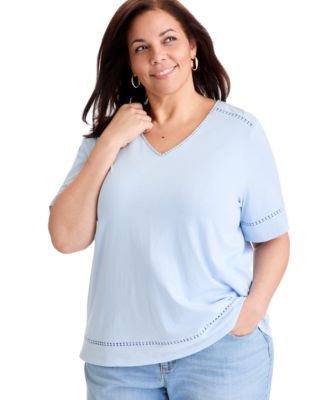 Plus Size V-Neck Short-Sleeve Pom-Pom Trim T-Shirt