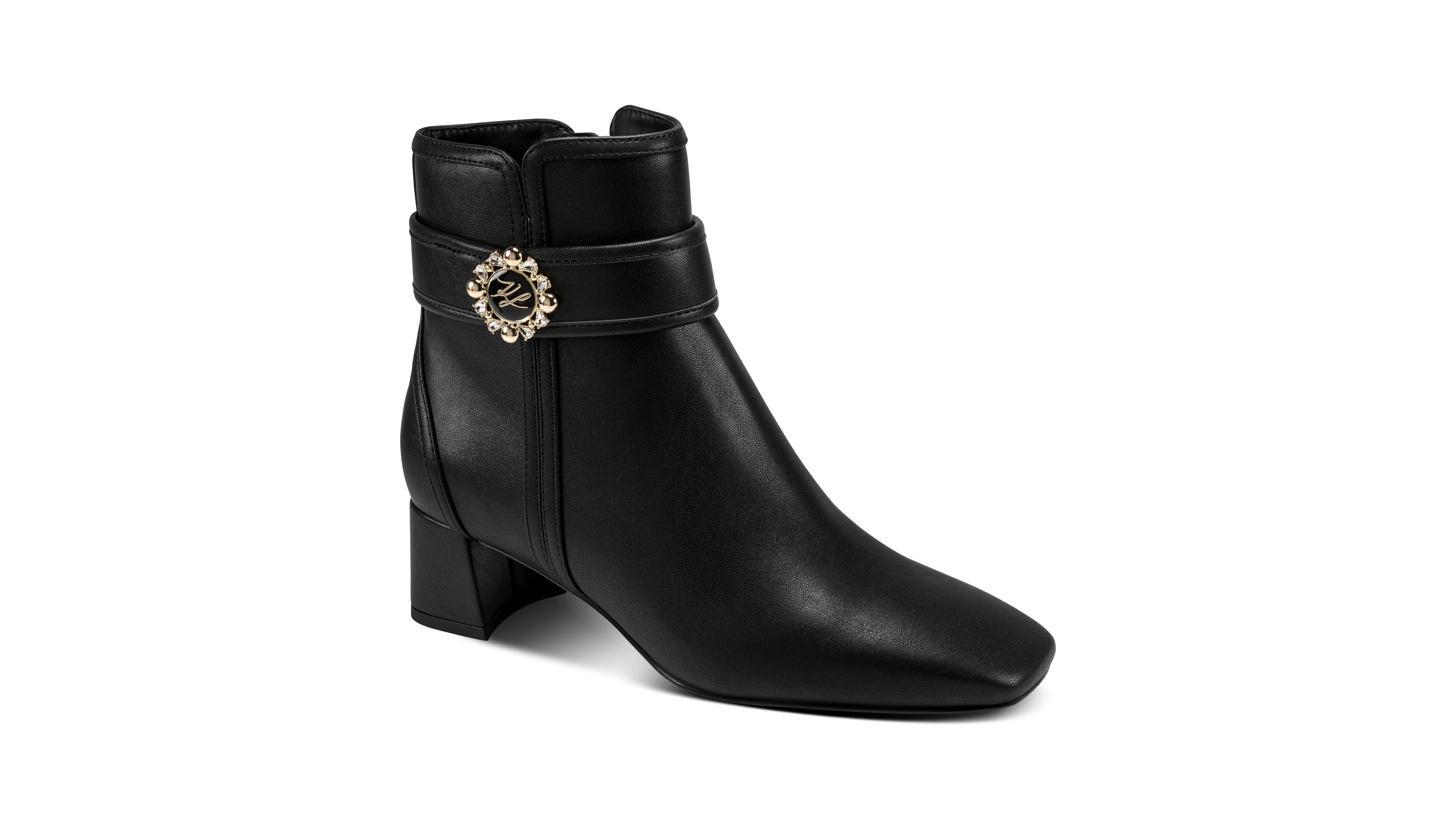 Karl Lagerfeld Paris Women's Serafina Embellished-Buckle Block-Heel Leather Booties