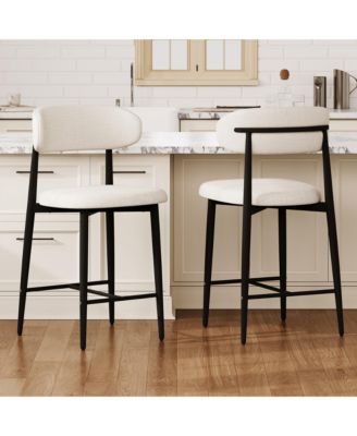 Set of 2 Modern Mid-Century Counter Height Bar Stools, Linen Upholstered Barstools with Back