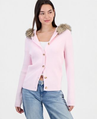 Juniors' Hooded Faux Fur Ribbed Cardigan