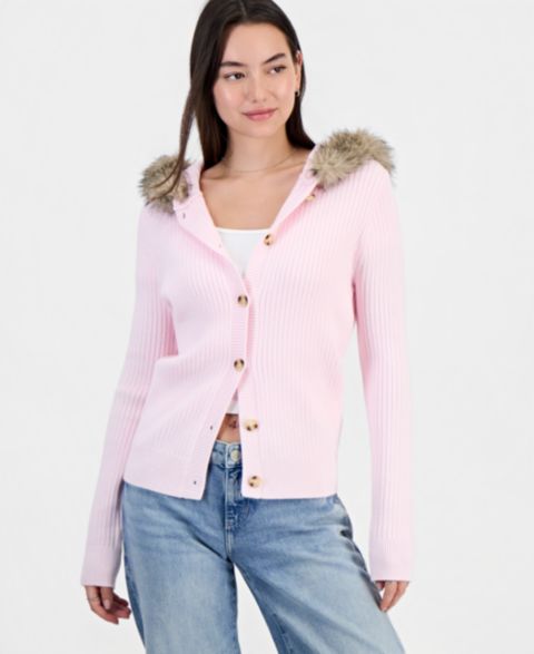 Женский кардиган Hippie Rose Juniors' Hooded Faux Fur Ribbed, цвет: Ballet Slipper