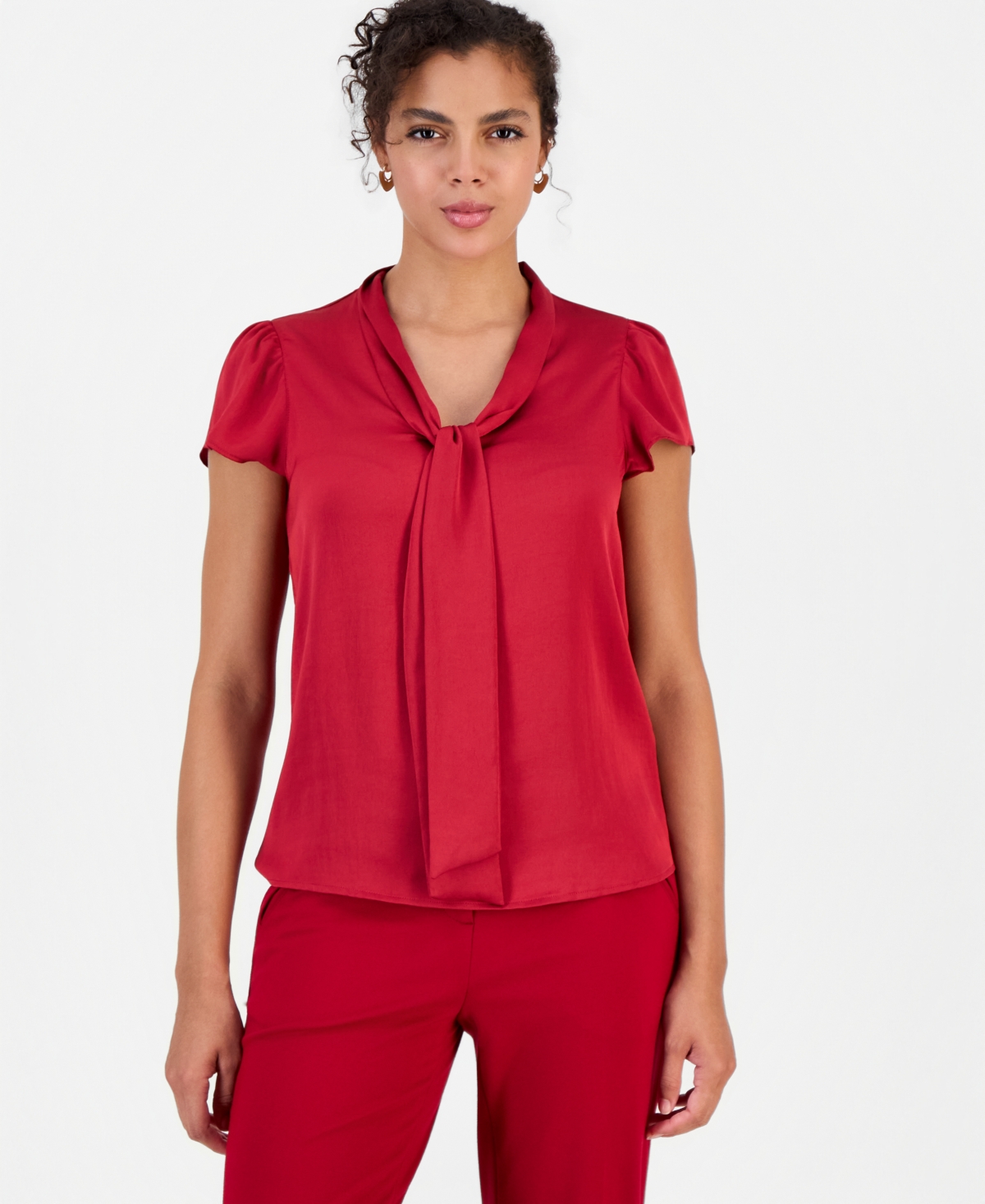 Bar Iii Women's Satin Tie-neck Flutter-sleeve Short-sleeve Blouse, Macy's Exclusive In Pomegranate
