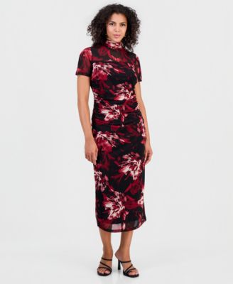Women's Floral-Print Short-Sleeve Mesh Dress
