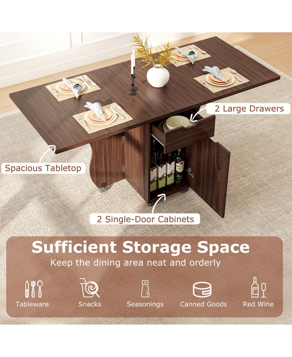 Mecale 3-in-1 Folding Drop-Leaf Dining Table with Drawers and Lockable Wheels