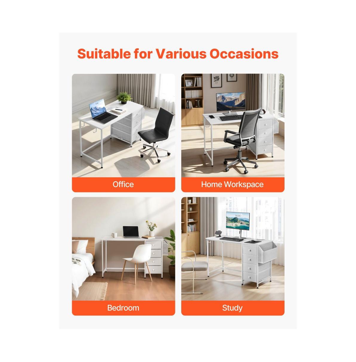 Slickblue Writing Desk with Fabric Storage Drawers, Reversible Computer Table with Steel Frame