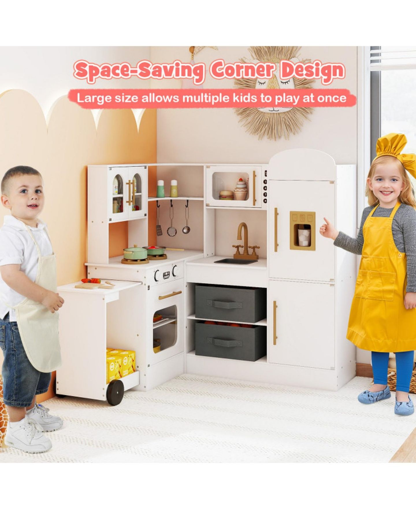 Детский игровой набор SUGIFT Corner Kitchen Playset with Retractable Countertop and Working Ice Maker, Ages 3+, цвет: Белый — фото 10