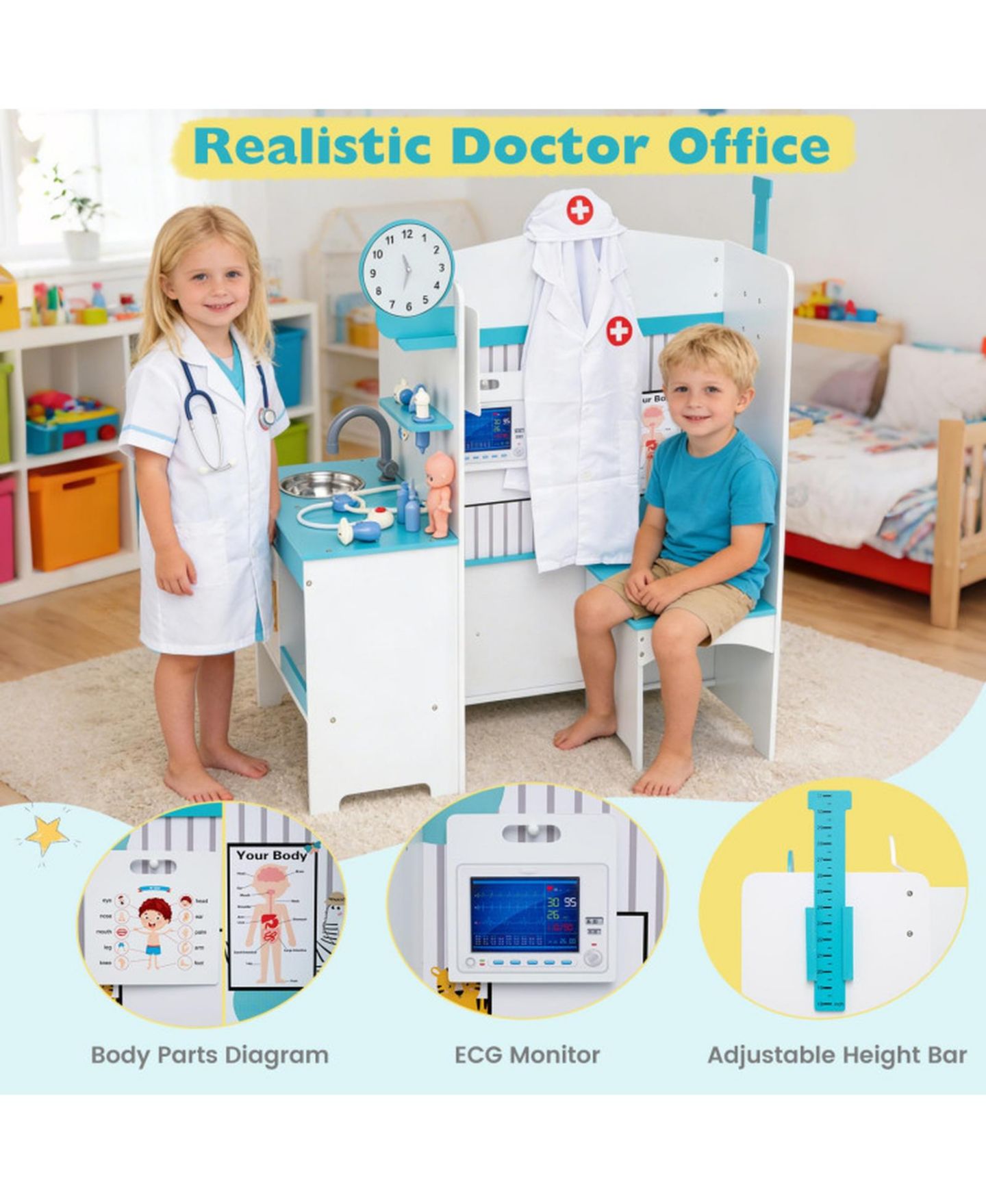 Детские фигурки SUGIFT Kids Doctor Playset 27-Piece Medical Station with Height Bar and ECG Monitor Ages 3-6, цвет: Синий — фото 8
