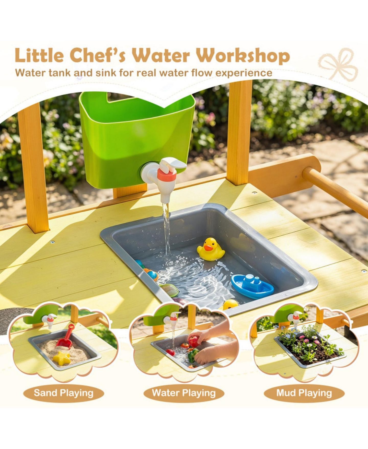 Детская игрушка SUGIFT Mobile Wooden Mud Kitchen with 3 Flowerpots and Cooking Accessories, Ages 3+, цвет: Жёлтый — фото 7