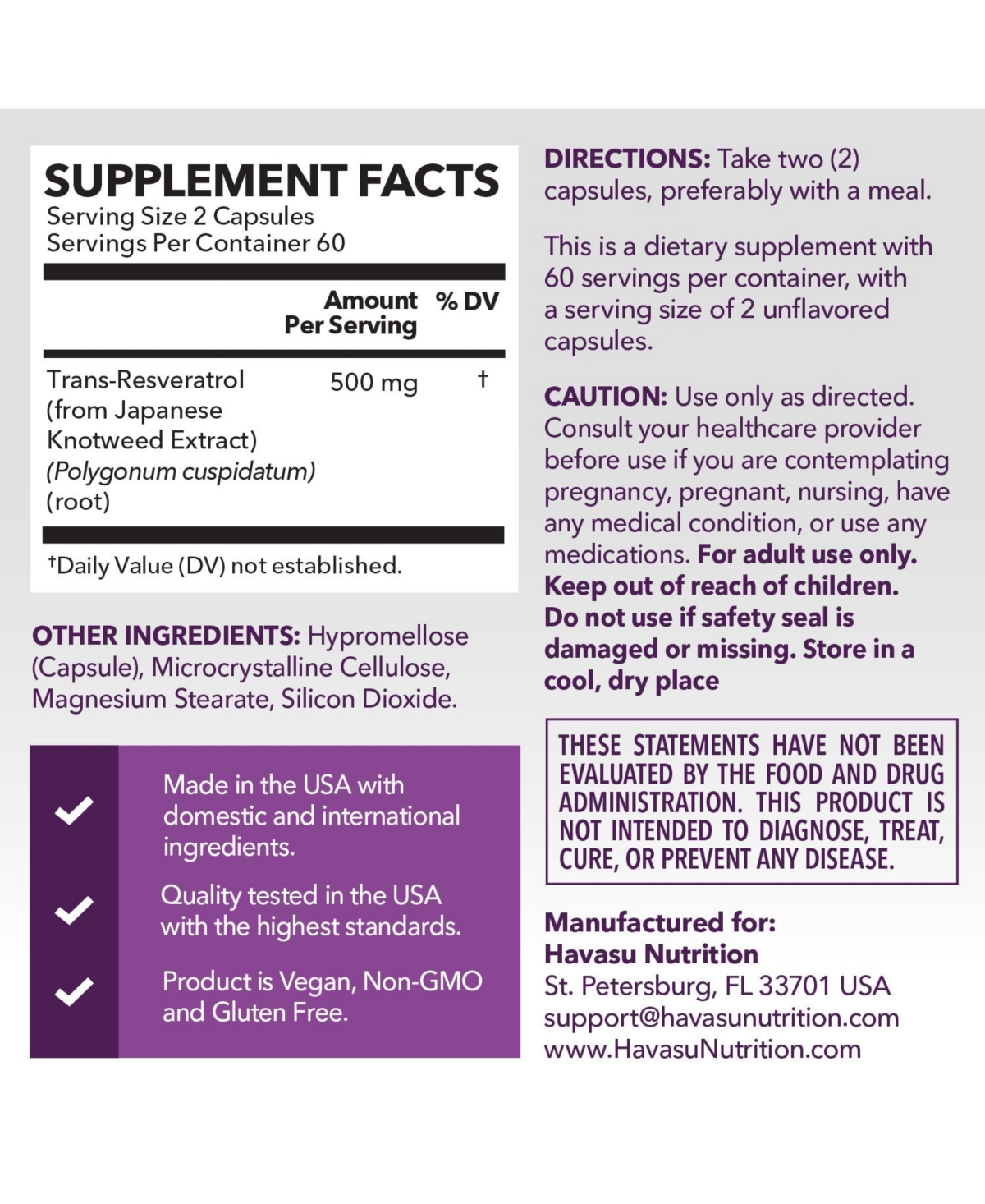 Havasu Nutrition Resveratrol 500 mg | Resveratrol from Japanese Knotweed Root | Capsules