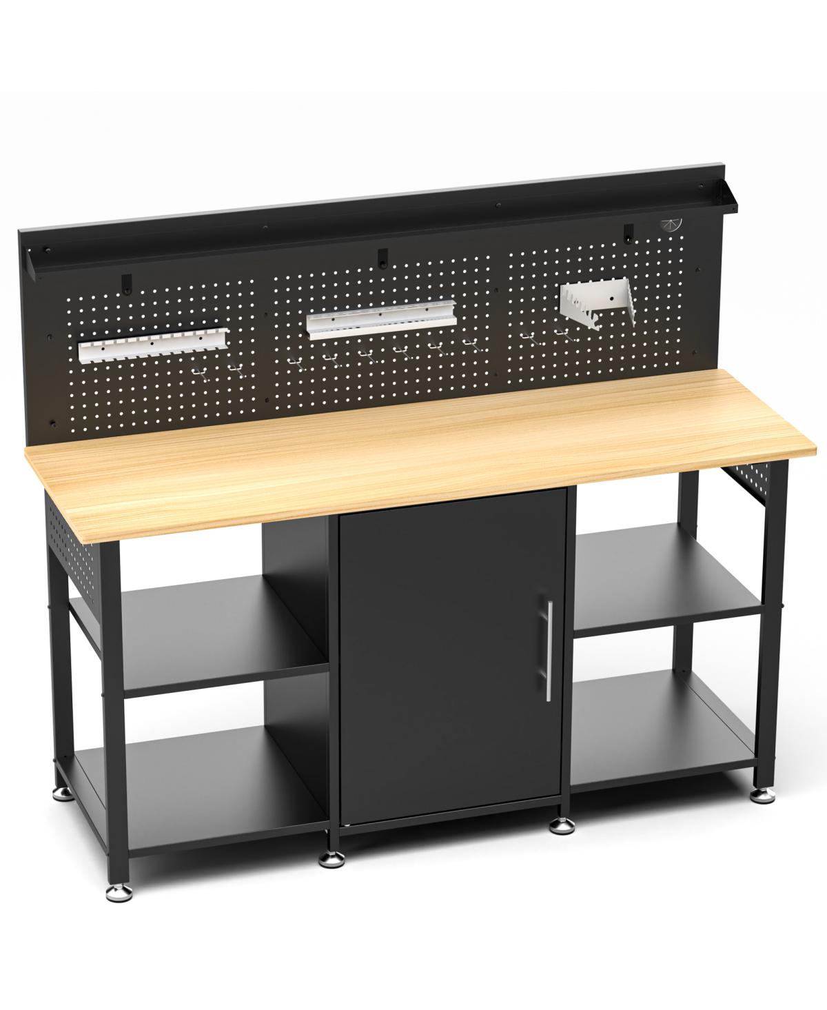 Streamdale Furniture 60" Heavy-Duty Workbench with Cabinet, Wood Top, Pegboard and Power Outlet