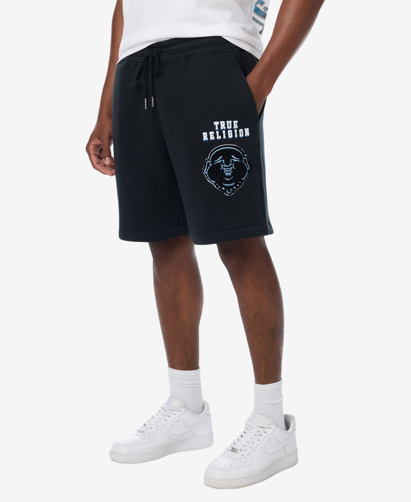 Мужские шорты True Religion Overt Buddha Logo Fleece Shorts, 8" Inseam, цвет: Угольно-чёрный — фото 2