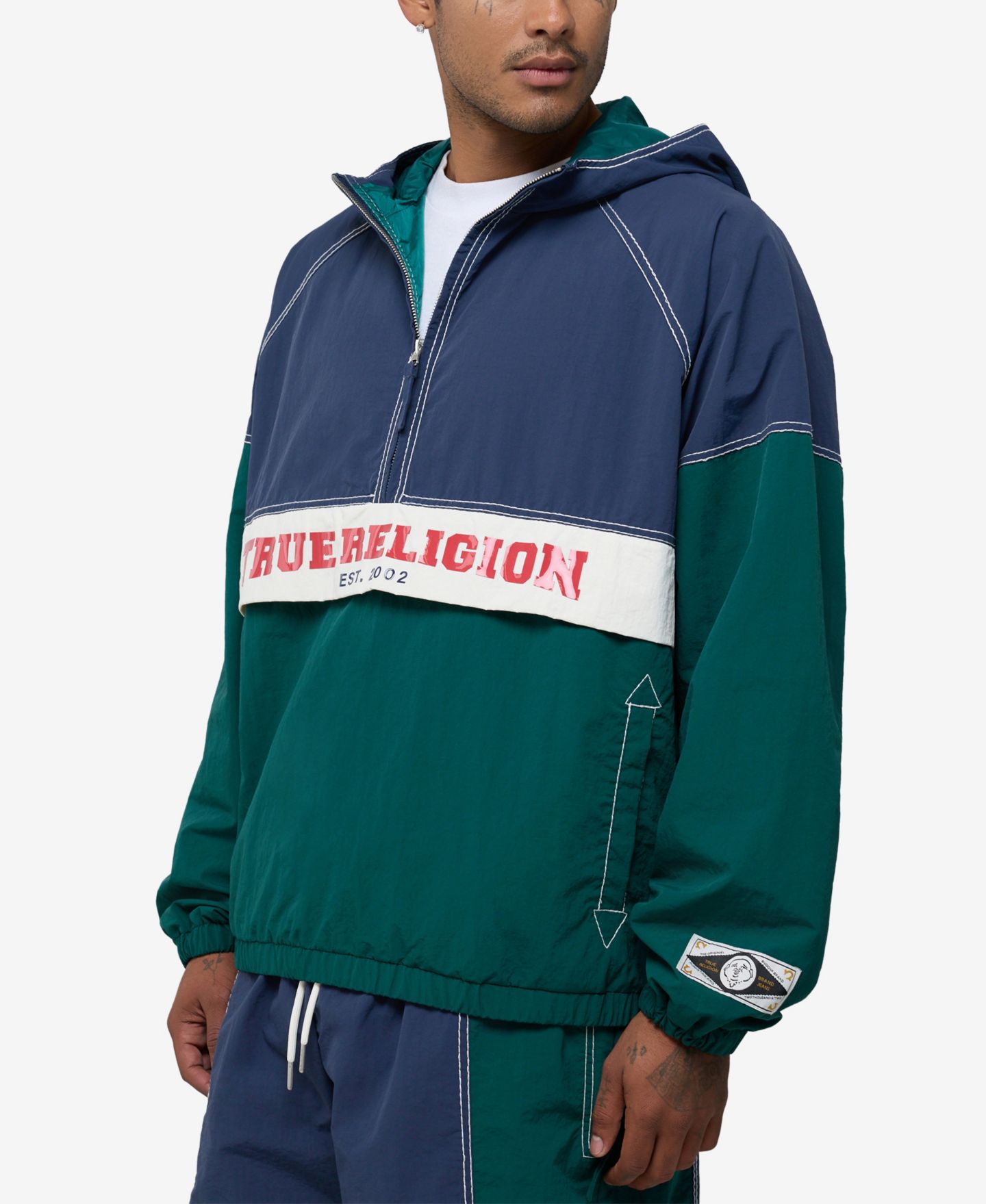 Мужская куртка True Religion Color-Block Big T Anorak, цвет: Тёмно-зелёный / Синий — фото 2