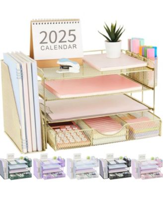 Metal Mesh Desk Organizer with File Holder Sliding Drawer and Pen Holders
