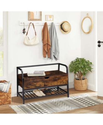 33" Entryway Storage Bench with Shoe Rack and Lift Top Storage Box, Vintage Smoked Wood Finish Iron Frame for Bedroom Closet Hallway