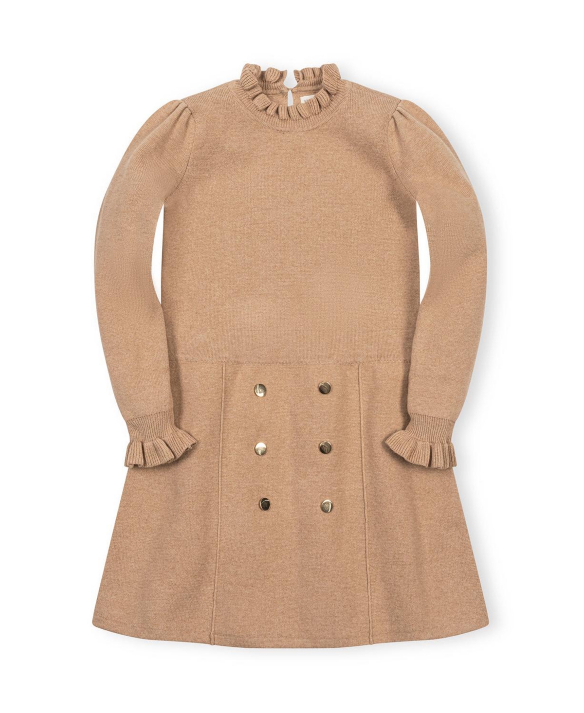 Hope & Henry Toddler Girls (2T - 5T) Organic Mock Neck Ruffle Edge Sweater Dress - Camel heather