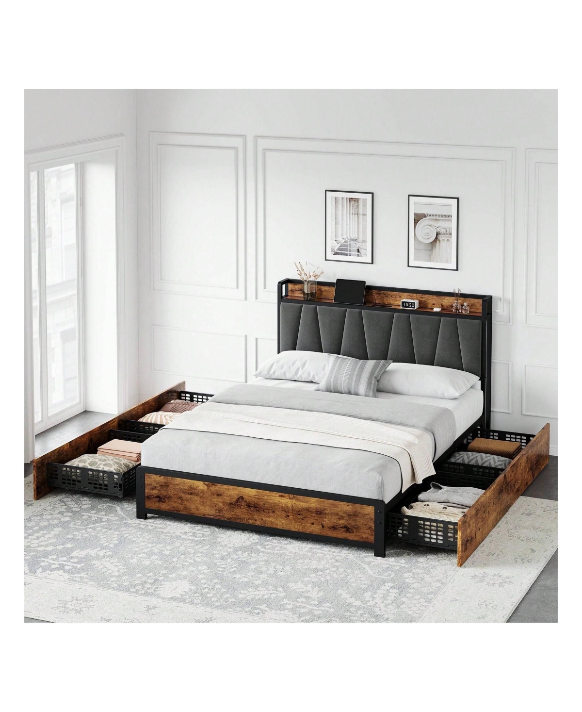 gaomon Bed Frame With 4 Storage Drawers And Linen Upholstered Headboard,Platform Bed Frame With Charging Station, No Box Spring Needed, Easy Assembly