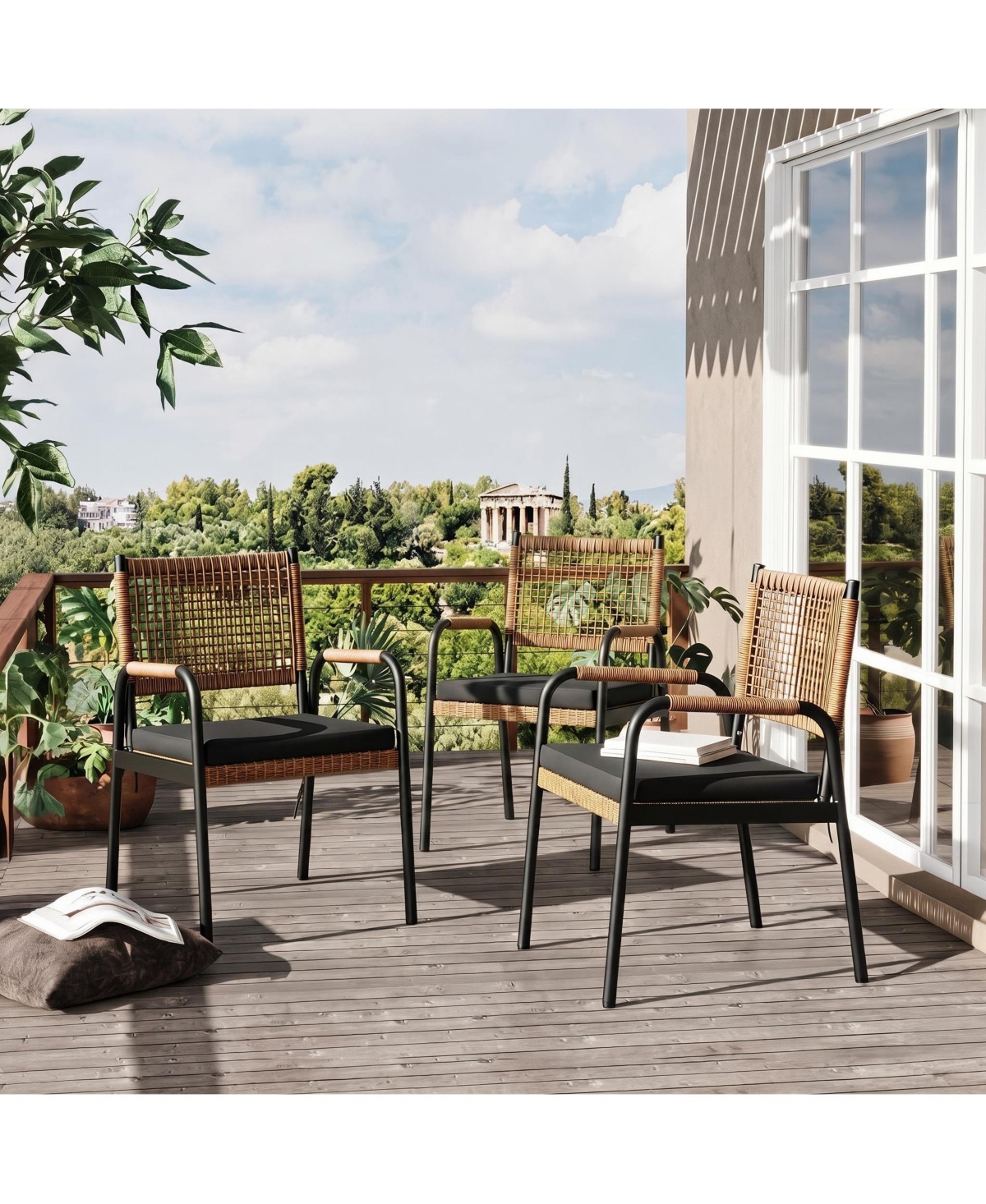 homfan Set of 2 Or 4 Stackable Dining Armchairs - Weatherproof Polyrattan and Breathable Textilene, Heavy Duty Metal Frame with Cushions, for Garden