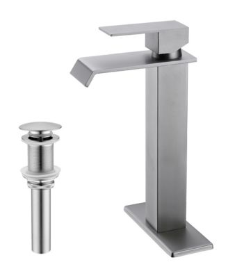 Single Handle Waterfall Bathroom Sink Faucet with Pop-Up Drain, Tall Stainless Steel Vessel Faucet