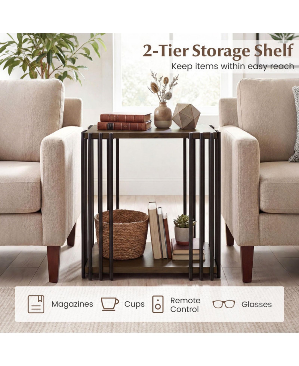 Sugift Rubber Wood End Table Set of 2 with 2-Tier Storage Shelves and Metal Frame