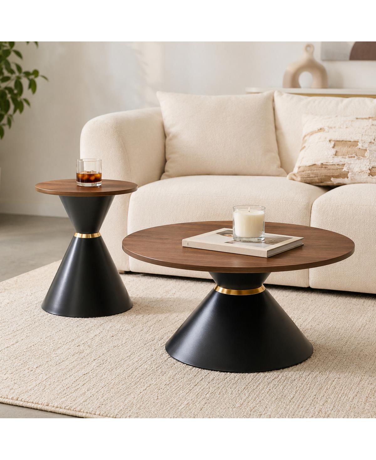 Streamdale Furniture 2-Piece Walnut Textured Round Coffee Table Set with Metal Base
