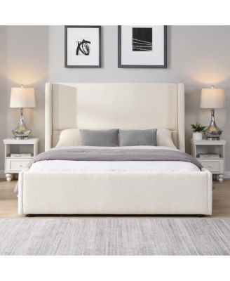  Elegant White Fabric Upholstered Bed with Tall Headboard