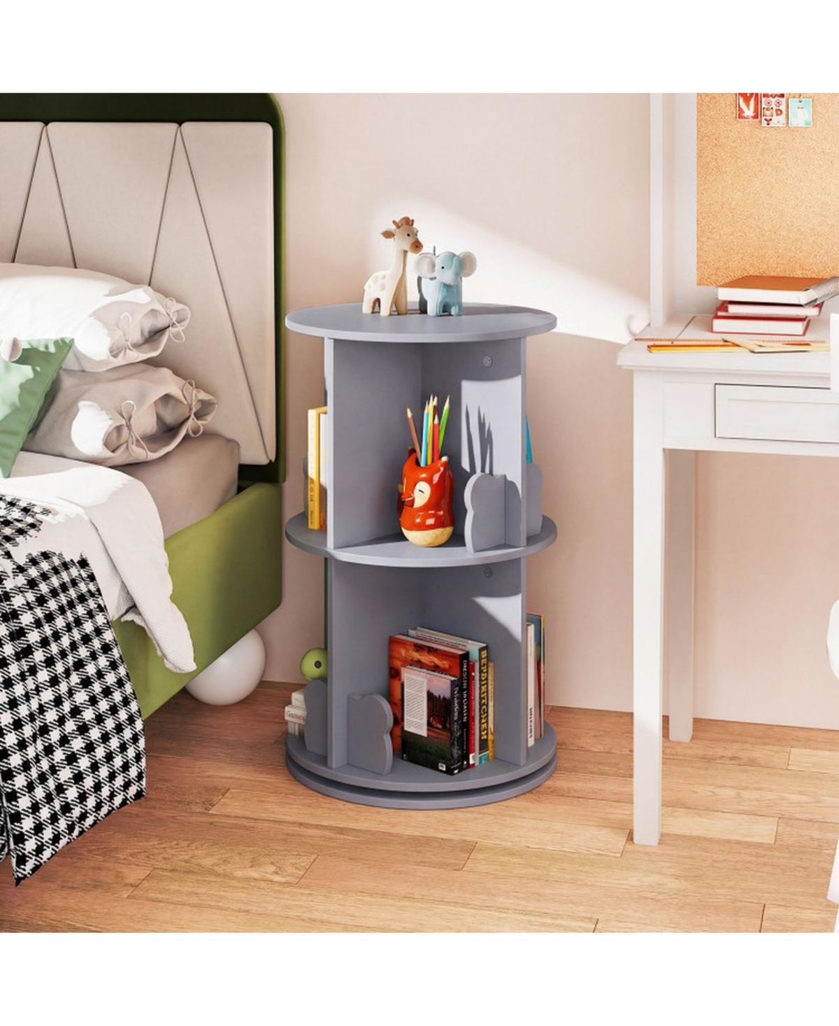 Sugift 2-Tier Rotating Kids Bookshelf 360-Degree Spinning Storage Rack with Bear Baffles