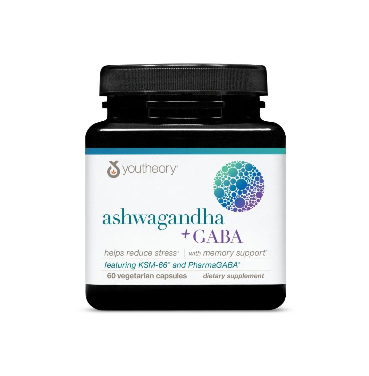 Youtheory Ashwagandha Plus Gaba Ksm 66 and Ginger Aids Stress Relief and Mood Supports Energy 60 Veg Capsules 30-Day Supply