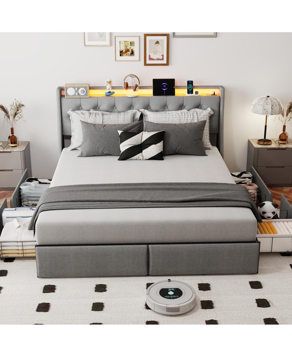 Streamdale Furniture Queen Storage Bed Frame with Led, Drawers and Charging Station