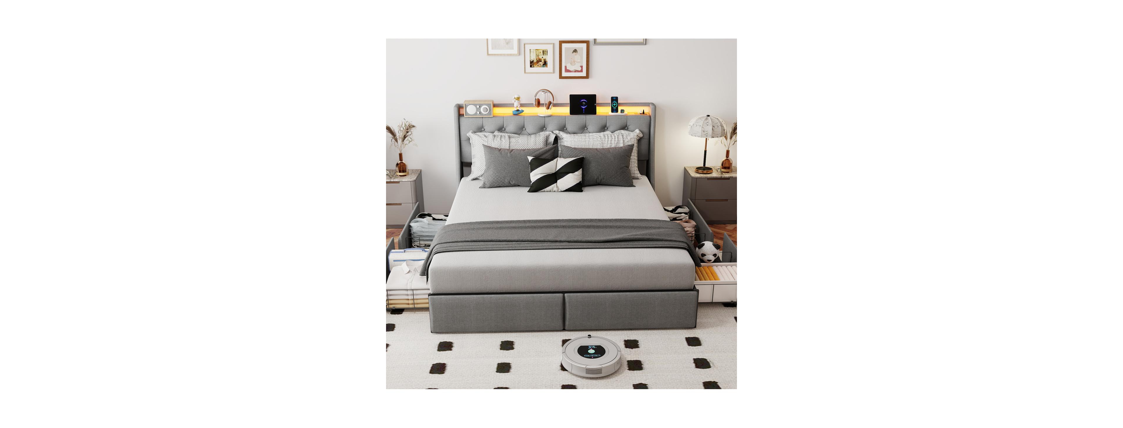 Streamdale Furniture Queen Storage Bed Frame with Led, Drawers and Charging Station