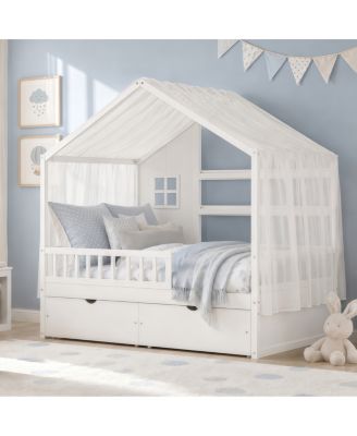  Kids Twin Floor Bed with Roof, Curtains, Guardrails and 2 Drawers