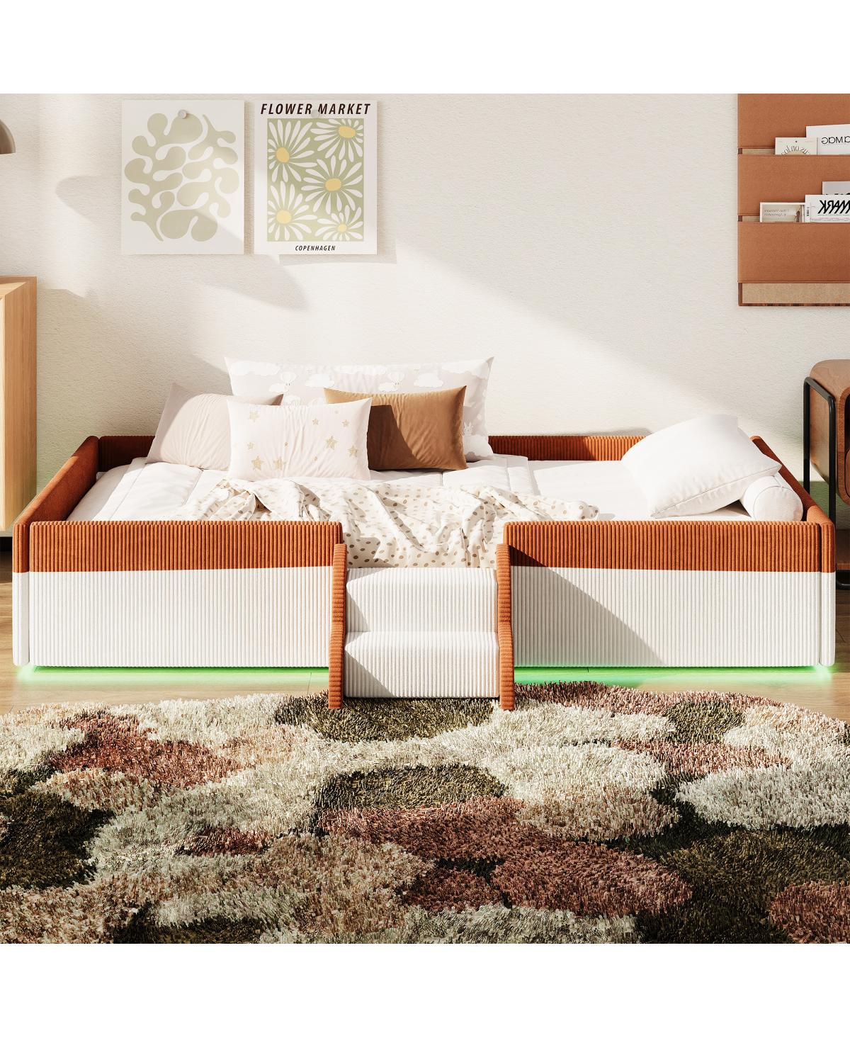 Streamdale Furniture Twin Upholstered Floor Bed with Fence, Steps and Led Lights