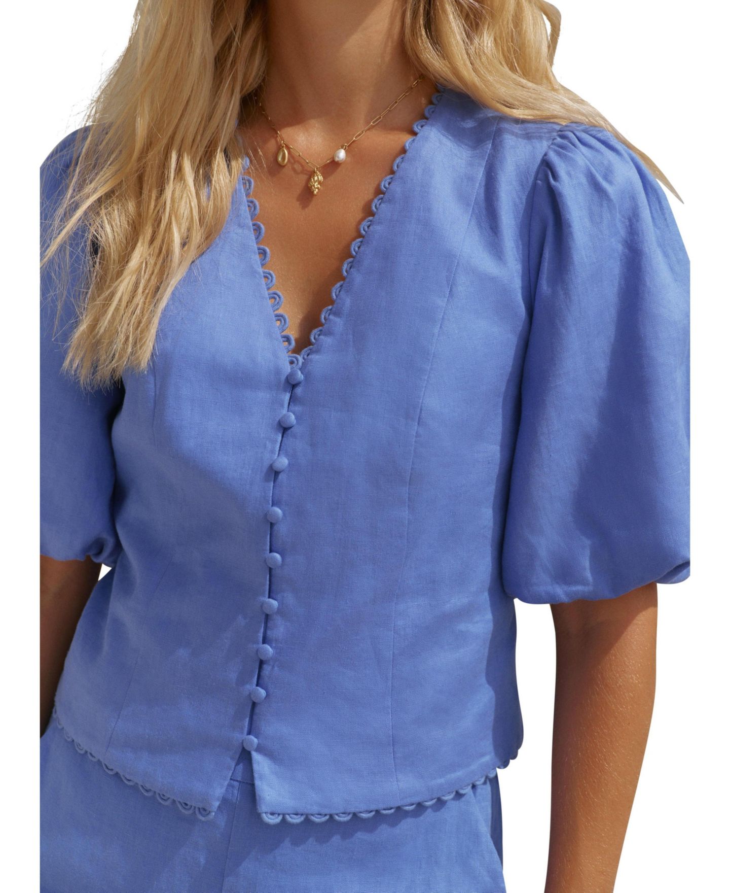 Женская блузка Mint Velvet V-Neck Short Puff-Sleeve Scalloped Edge, цвет: Синий — фото 6
