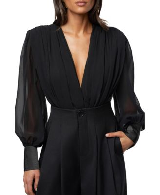 Women's Refined Pleated Chiffon Plunge Neckline Long-Sleeve Bodysuit
