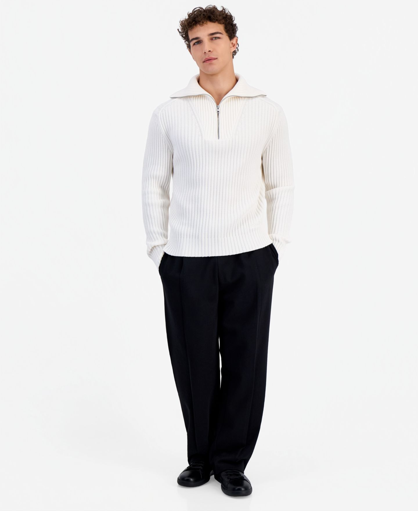 Мужской свитер Hugo Boss Srithon Half-Zip Turtleneck Relaxed-Fit, цвет: Натуральный — фото 2