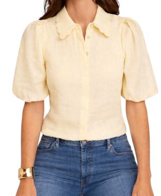 Women's Ramie Short-Sleeve Puff-Sleeve Blouse